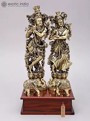 12" Superfine Standing Radha Krishna Brass Idols on Wood Base