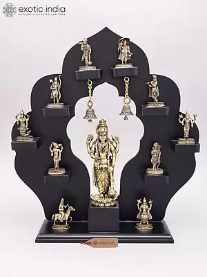 Lord Vishnu's Ten Avatars Display - 17" Superfine Brass Statues on Wood Frame