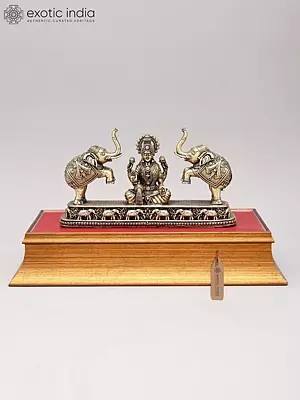Gajalakshmi Brass Statue with Elephants on Wooden Base