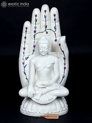 27" Bhumi-Sparsha Buddha on Hand | White Marble Statue