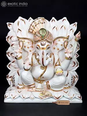 White Marble Ganesha Sculpture, 15", with Stylized Turban