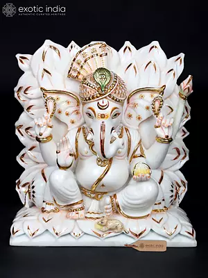 15" Stylized Turbaned Ganesha Statue in White Marble