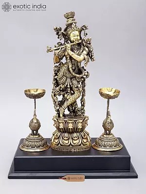 14" Superfine Bhagawan Krishna Playing Flute with Peacock Lamps | Brass Statue on Wood Base