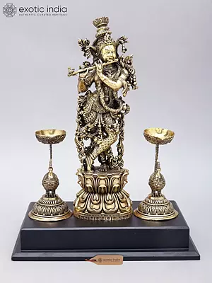 14" Superfine Bhagawan Krishna Playing Flute with Peacock Lamps | Brass Statue on Wood Base