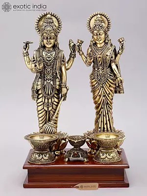 12" Superfine Standing Lakshmi Narayan (Vishnu Lakshmi) with Lamps | Brass Statue on Wood Base