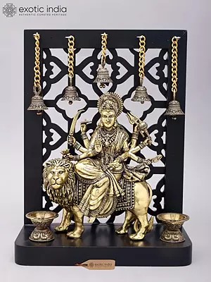 12" Superfine Goddess Durga (The Lion Goddess) | Brass Statue on Wood Base
