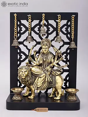 12" Superfine Goddess Durga (The Lion Goddess) | Brass Statue on Wood Base