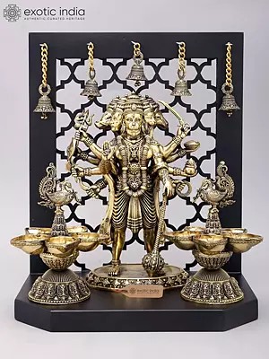 14" Superfine Panchamukhi Hanuman with Designer Peacock Lamps and Bells on Wood Frame