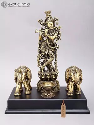 14" Superfine Fluting Lord Krishna with Elephants | Brass Statue on Wood Base