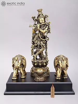 14" Superfine Fluting Lord Krishna with Elephants | Brass Statue on Wood Base