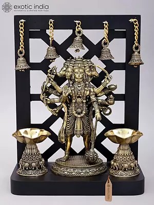 Lord Hanuman Brass Statue: Five-Faced Deity with Lamps, Bells & Wood Frame