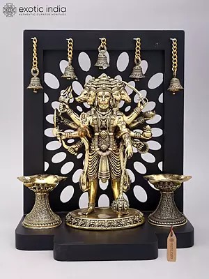 14" Standing Panchamukhi Lord Hanuman with Lamps and Bells | Brass Statue with Wood Frame