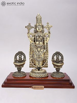 13" Brass Superfine Tirupati Balaji (Venkateshvara) with Goddess Lakshmi Lamps on Wood Base