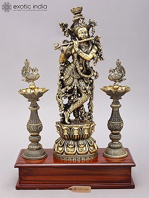 14" Superfine Bhagawan Shri Krishna Playing Flute with Peacock Lamps | Brass Statue on Wood Base