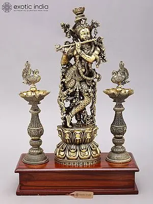 14" Superfine Bhagawan Shri Krishna Playing Flute with Peacock Lamps | Brass Statue on Wood Base