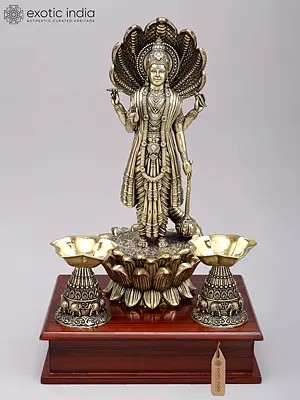 13" Lord Vishnu Statue with Sheshnag Canopy - Brass Sculpture on Wooden Stand
