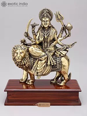 Superfine Eight Armed Durga (The Lion Goddess) - Brass Statue with Wood Base