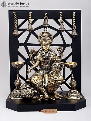 14" Goddess Lakshmi Statue with Wealth Pot & Wood Framed Bells