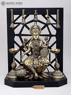 14" Superfine Goddess Lakshmi Statue with Wealth Pot | Wood Framed Brass Statue