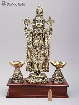 14" Superfine Tirupati Balaji (Venkateshvara) with Lamps | Brass Idol on Wood Base