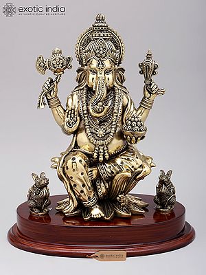 Superfine Brass Statue: 12" Four Armed Blessing Lord Ganesha on Wood Base