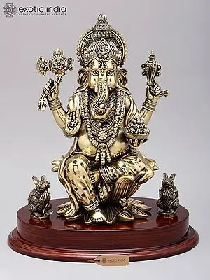 12" Superfine Four Armed Blessing Lord Ganesha | Brass Statue on Wood Base