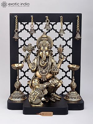 14" Four Armed Blessing Lord Ganesha with Peacock Lamps and Bells | Brass Statue with Designer Wood Frame