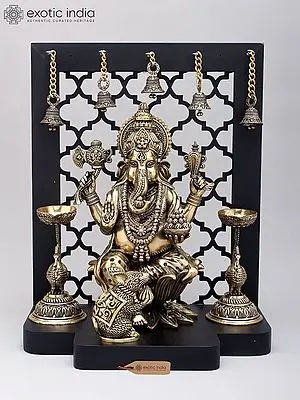 14" Superfine Four Armed Blessing Lord Ganesha with Peacock Lamps and Bells | Brass Statue with Designer Wood Frame