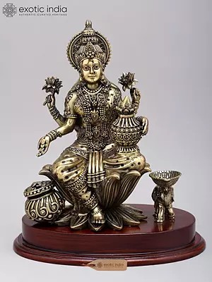 Brass Statue of Seated Goddess Lakshmi with Wealth Pot, 12 Inch