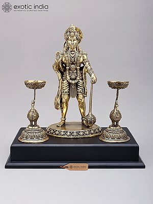12" Standing Lord Hanuman in Blessing Gesture with Peacock Lamps | Brass Statue on Wood Base