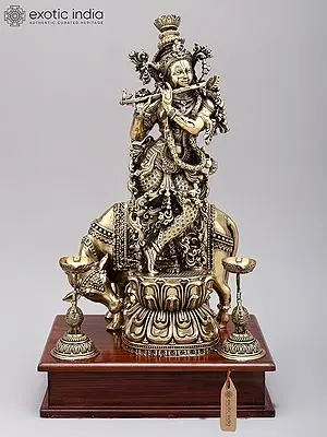 14" Superfine cow Krishna Statue | Brass Statue on Wood Base