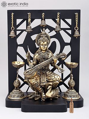 Brass Goddess Saraswati Statue with Om Design Wood Frame