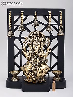 12" Chaturbhuja Lord Ganesha with Lamps and Bells | Brass Statue on Wood Base