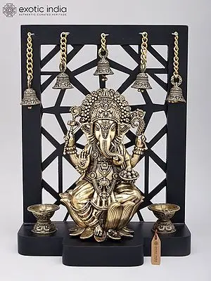 12" Superfine Chaturbhuja Lord Ganesha with Lamps and Bells | Brass Statue on Wood Base