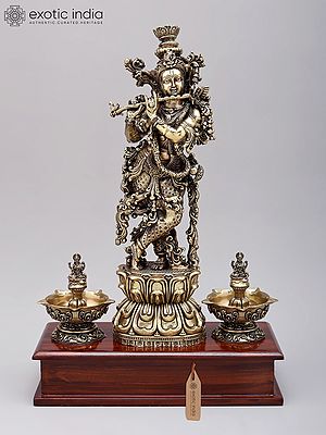 Superfine Fluting Lord Krishna with Peacock Lamps - 14" Brass Sculpture on Wood Base