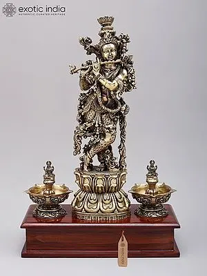 14" Superfine Fluting Lord Krishna with Peacock Lamps | Brass Statue on Wood Base