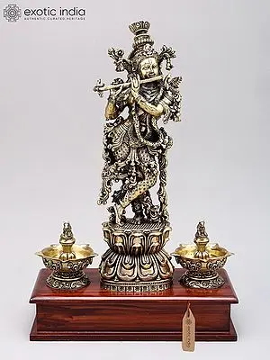 14" Superfine Fluting Lord Krishna with Nandi Lamps | Brass Statue on Wood Base