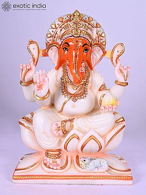 12" Lord Ganesha Seated on Lotus | Marble Statue