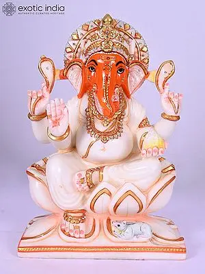 12" Lord Ganesha Seated on Lotus Throne | Marble Statue | Exquisite Indian Art
