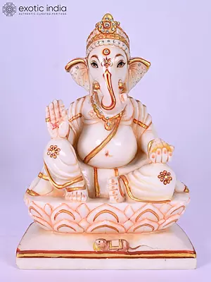 12" Blessing Lord Ganesha | Marble Statue | Handmade Indian Art