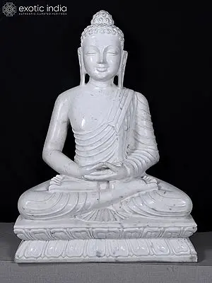 35" Serene Lord Buddha | White Marble Statue | Handmade Indian Art