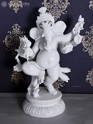 24" Six Armed Dancing Lord Ganesha White Marble Statue