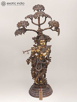 Brass Statue of Krishna Playing Flute Beside a Tree