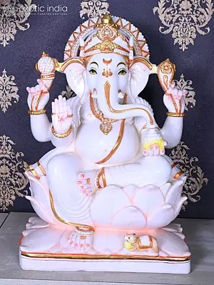 24" Lord Ganesha Seated on Lotus Throne Marble Statue