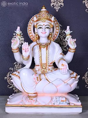 White Marble Lakshmi Statue, 23 Inches, Seated on Lotus Throne