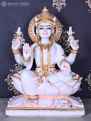 23" Goddess Lakshmi Seated on the Lotus Throne | Marble Statue | Exquisite Indian Art