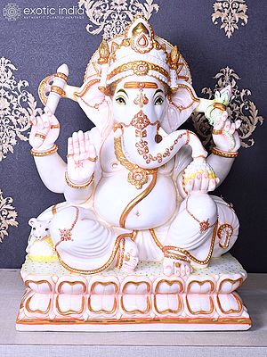 24" Lord Ganesha Seated on Throne Marble Statue