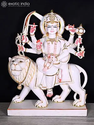 48" Goddess Durga | Marble Statue | Handmade Indian Art