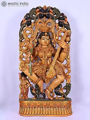 36" Goddess Saraswati | Wooden Statue | Exquisite Indian Art