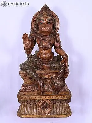37" Seated Lord Hanuman Wooden Statue | Handmade Indian Art